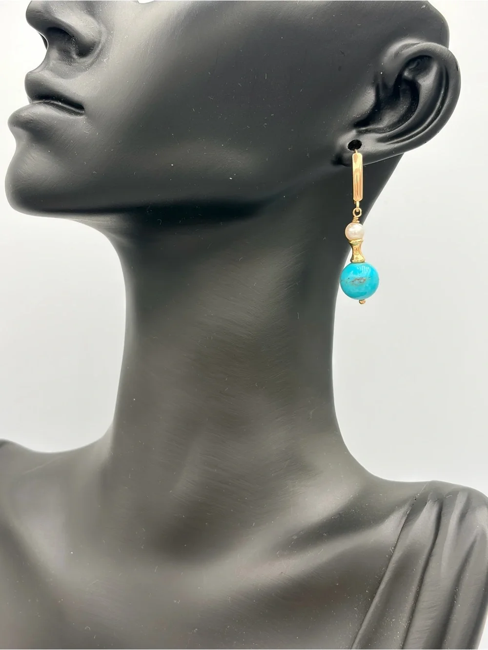 Vintage Zimmer Bros. Solid 14k Gold Turquoise Drop Earrings with Pearl Accent